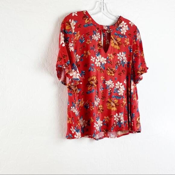 Anthropologie Elodie Short Sleeve Popover Top Blouse Red Floral Small - Picture 2 of 7